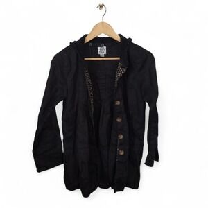 Ivy Jane Black Linen Button Jacket Women's Small Crochet Collar Boho Coat
